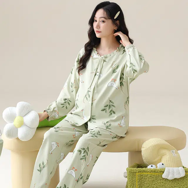 芬腾可安 外出可穿柔软舒适春秋松紧裤腰哺乳期可穿月子家居服睡衣套装 女款