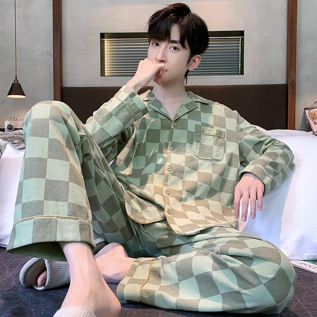 芬腾可安 春秋季简约休闲轻熟风亲肤开衫翻领个性家居服睡衣套装 男款