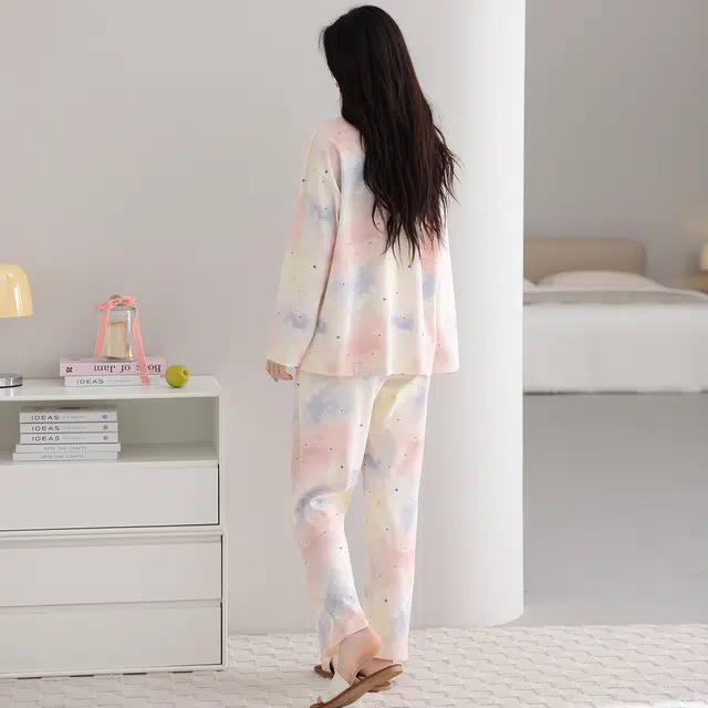 芬腾可安 纯棉简约显瘦宽松开衫春秋少女舒适时尚亲肤翻领休闲家居服睡衣套装 女款