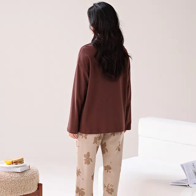 芬腾可安 家居服纯棉经典带胸垫一体式轻熟风柔软亲肤遮肉韩版轻盈简约外出可穿长袖长裤秋冬季睡衣套装 女款