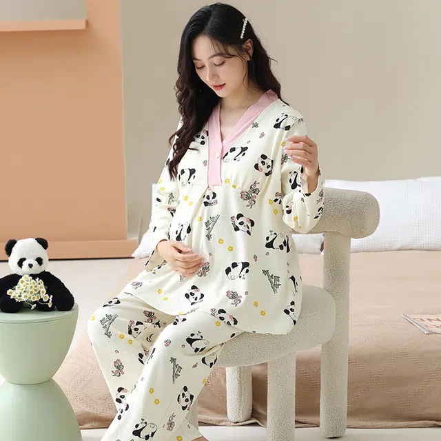 芬腾可安 外出可穿柔软舒适春秋自带杯垫哺乳期可穿月子家居服睡衣套装 女款