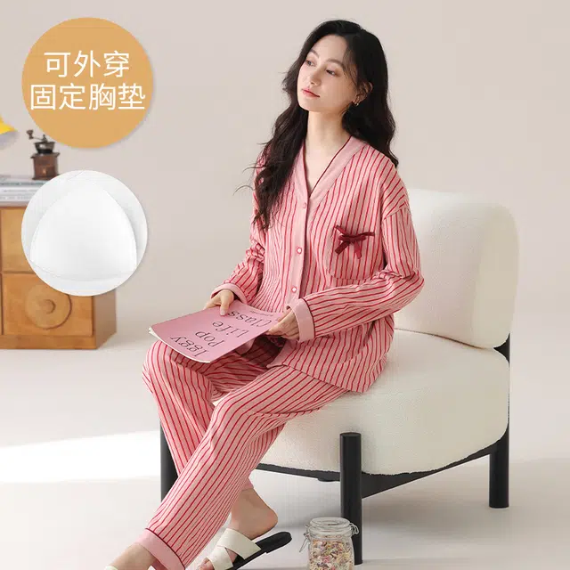 芬腾可安 外出可穿春秋季简约宽松温柔设计感显瘦带胸垫少女感大码家居服睡衣套装 女款