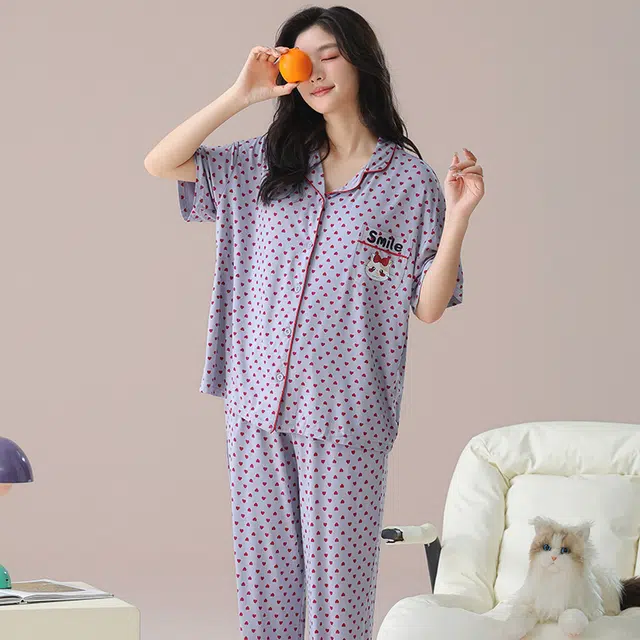 芬腾可安 气质家居服带胸垫一体式短袖长裤甜美大学生宿舍外出都可穿细腻舒适柔软亲肤睡衣套装 女款