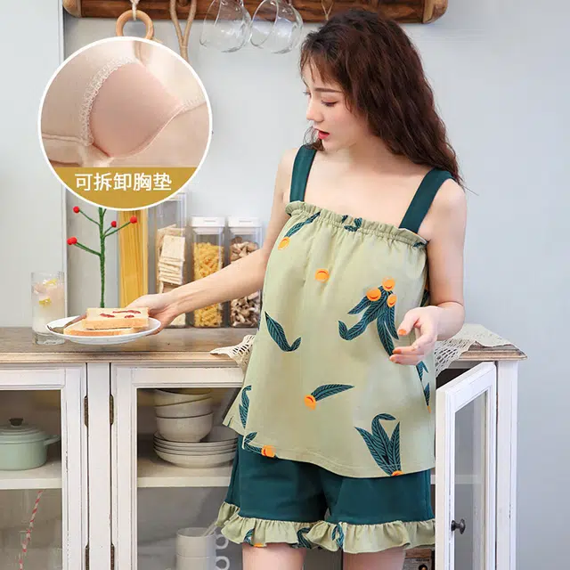 芬腾可安 可外穿春夏季清新亲肤公主风带胸垫简约透气家居服睡衣套装 女款