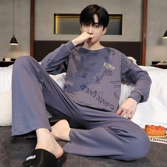 芬腾可安 外出可穿春秋少年感休闲透气气质纯棉简约亲肤家居服睡衣套装 男款