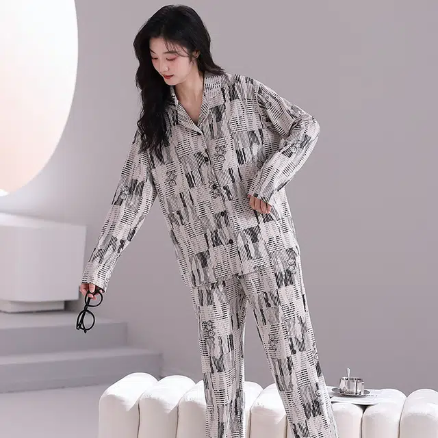 芬腾可安 情侣款春秋纯棉简约舒适亲肤翻领柔软透气显瘦家居服睡衣套装 女款