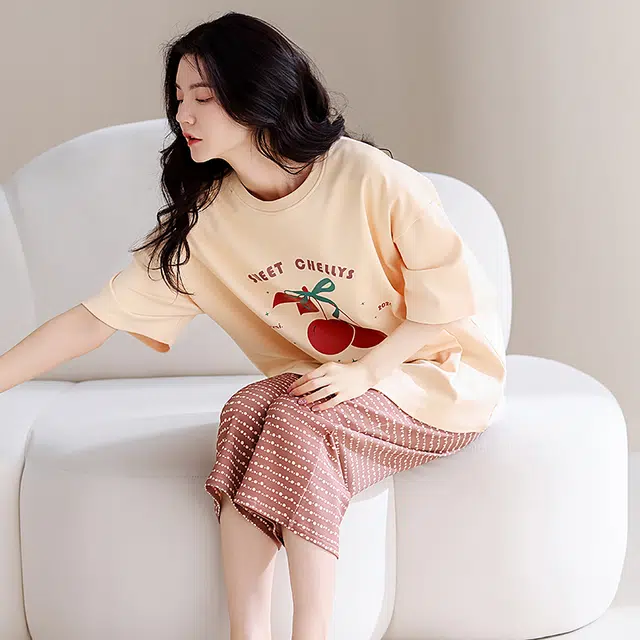 芬腾可安 家居服带胸垫一体式甜美透气简约宿舍外出可穿轻熟风亲肤柔软短袖七分裤睡衣套装 女款