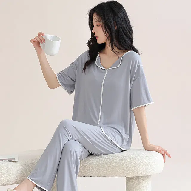 芬腾可安 舒适柔软气质家居服带胸垫休闲一体式短袖长裤甜美细腻大学生亲肤宿舍外出都可穿睡衣套装 女款