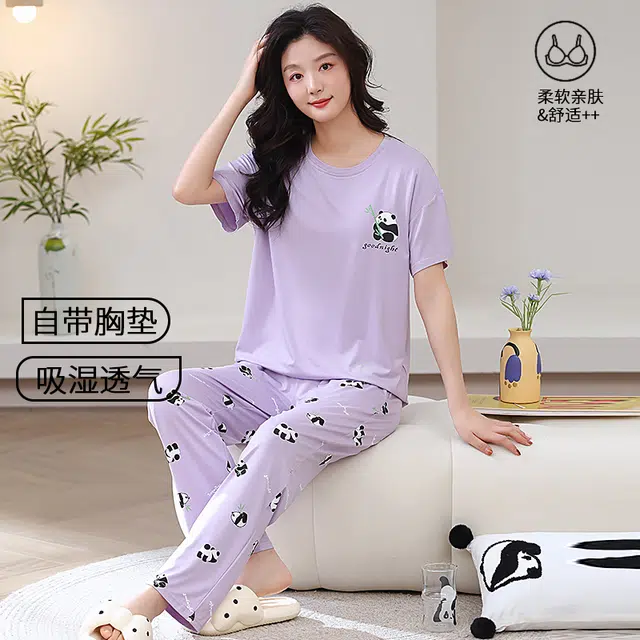 芬腾可安 春夏秋季纯棉韩版气质修身遮肉少女温柔大学生一体式带胸垫免穿文胸轻盈亲肤可外穿的两件短袖长裤家居服睡衣套装 女款