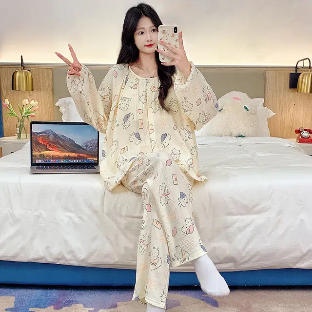 芬腾可安 可外穿柔软带胸垫亲肤一体式家居服睡衣套装 女款