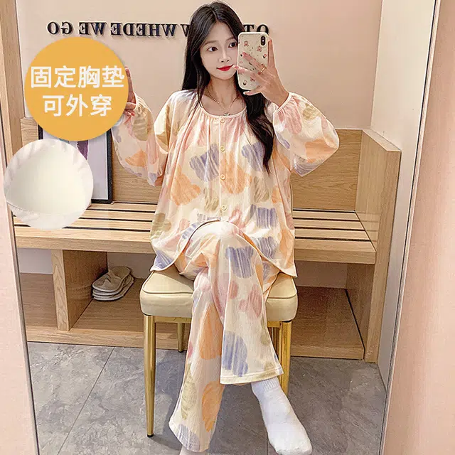 芬腾可安 可外穿的春秋杯垫一体简约家居服睡衣套装 女款