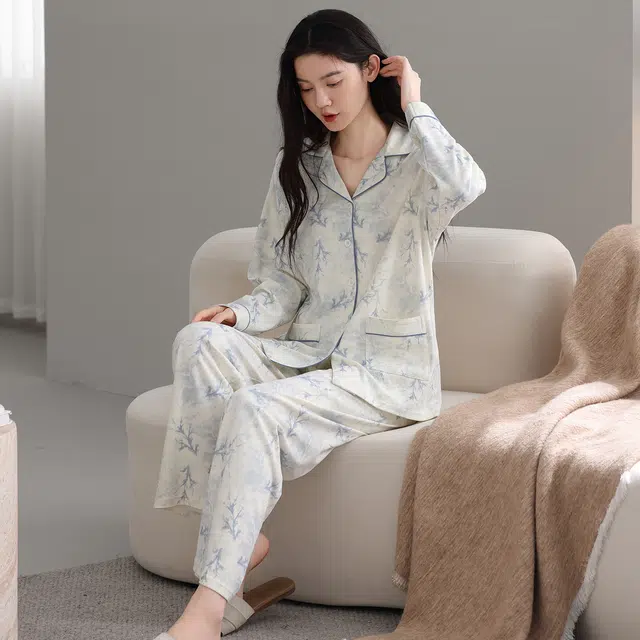芬腾可安 纯棉简约显瘦春秋时尚亲肤翻领开衫少女舒适休闲宽松家居服睡衣套装 女款