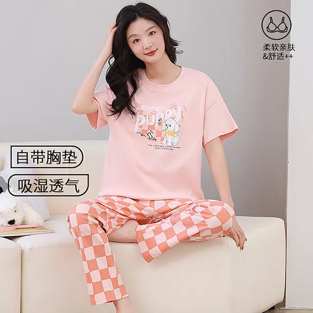 芬腾可安 韩版气质遮肉温柔大学生一体式轻盈亲肤带胸垫免穿文胸可外穿短袖长裤家居服睡衣套装 女款