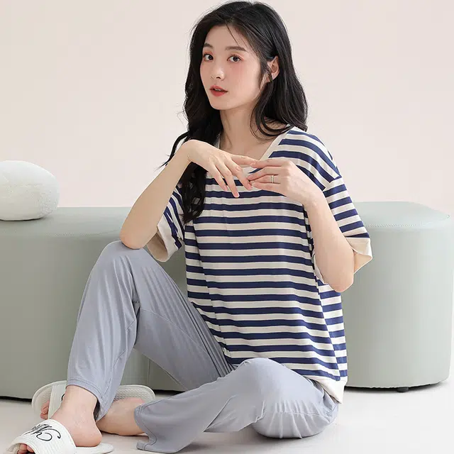 芬腾可安 柔软气质家居服带胸垫休闲一体式短袖长裤舒适甜美细腻亲肤大学生宿舍外出都可穿睡衣套装 女款