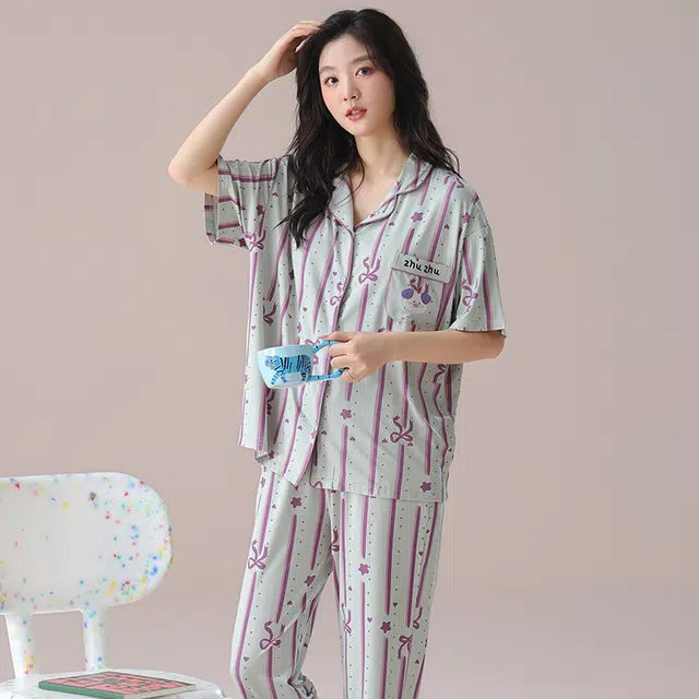 芬腾可安 气质家居服带胸垫一体式短袖长裤甜美大学生外出宿舍都可穿细腻舒适柔软亲肤睡衣套装 女款