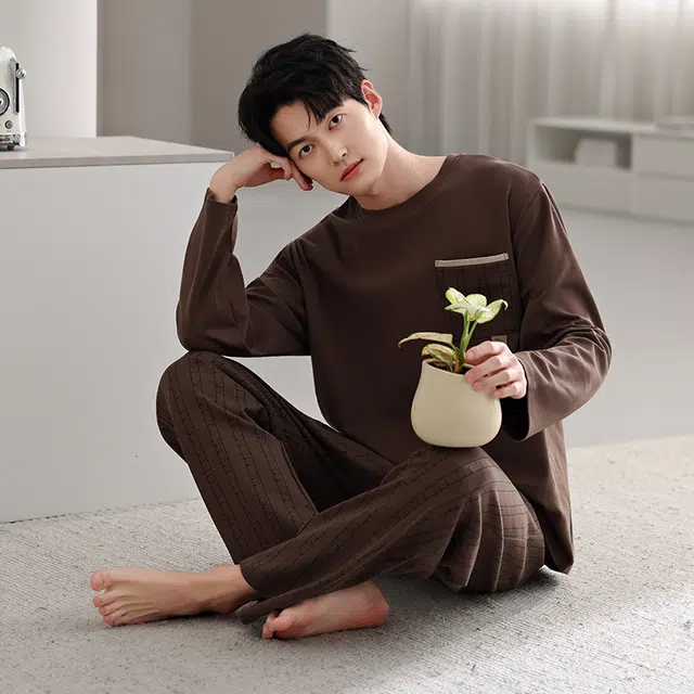 芬腾可安 秋冬外出可穿的经典纯棉长袖加大码数家居服睡衣套装 男款