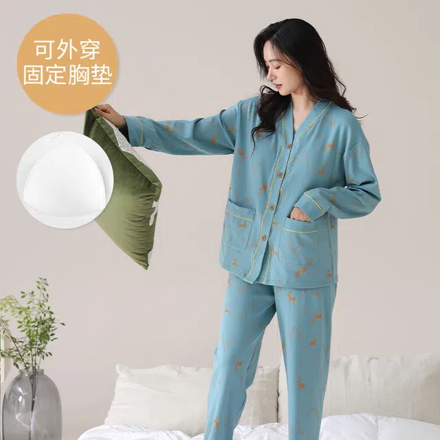 芬腾可安 外出可穿大码春秋季简约宽松温柔设计感显瘦带胸垫少女感家居服睡衣套装 女款