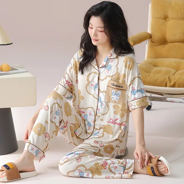 芬腾可安 气质家居服带胸垫一体式短袖长裤时尚甜美柔软亲肤大学生宿舍外出都可穿细腻舒适睡衣套装 女款