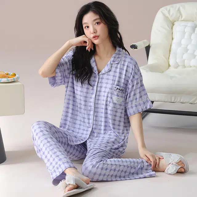 芬腾可安 气质家居服带胸垫一体式短袖长裤甜美柔软亲肤舒适细腻大学生宿舍外出都可穿睡衣套装 女款