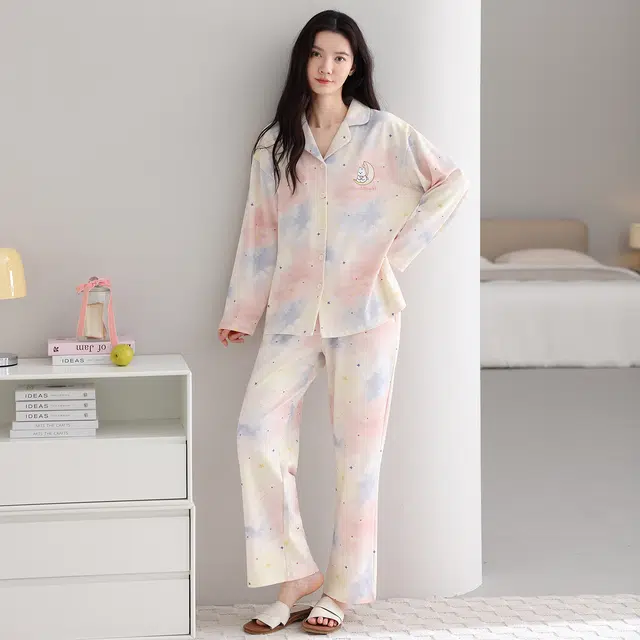 芬腾可安 纯棉简约显瘦宽松开衫春秋少女舒适时尚亲肤翻领休闲家居服睡衣套装 女款