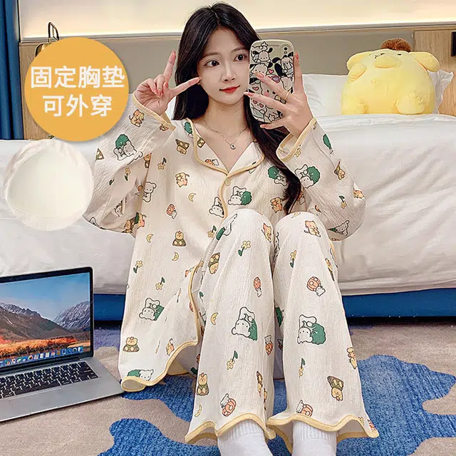 芬腾可安 可外穿春秋杯垫一体休闲少女轻盈开衫亲肤舒适家居服睡衣套装 女款