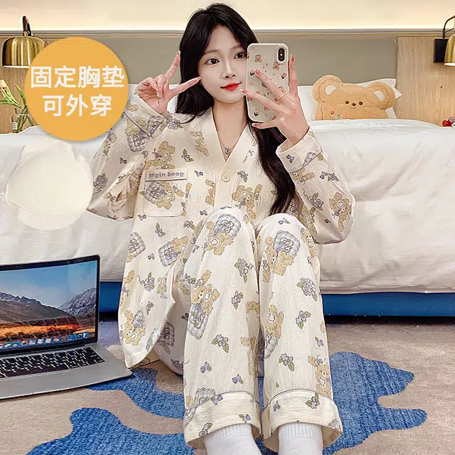 芬腾可安 春秋亲肤可外穿带胸垫和服领开衫一体式家居服睡衣套装 女款