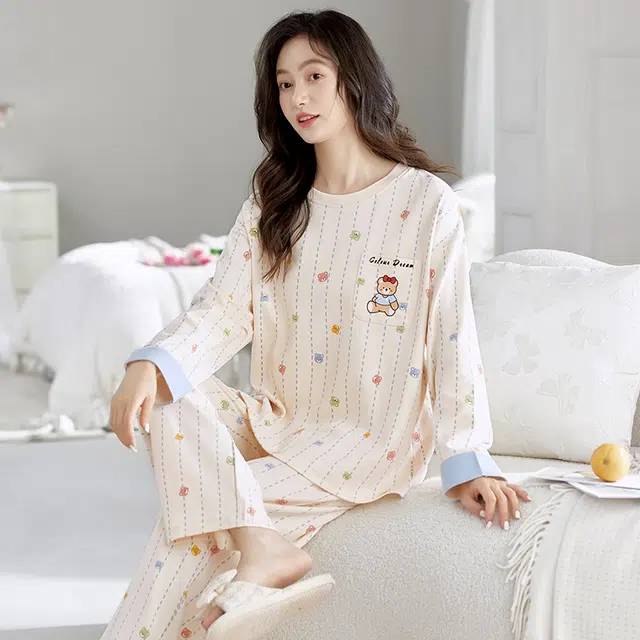 芬腾可安 春秋季简约纯棉设计感少女感显瘦遮肉家居服睡衣套装 女款