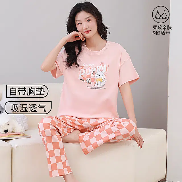 芬腾可安 韩版气质遮肉温柔大学生一体式轻盈亲肤带胸垫免穿文胸可外穿短袖长裤家居服睡衣套装 女款