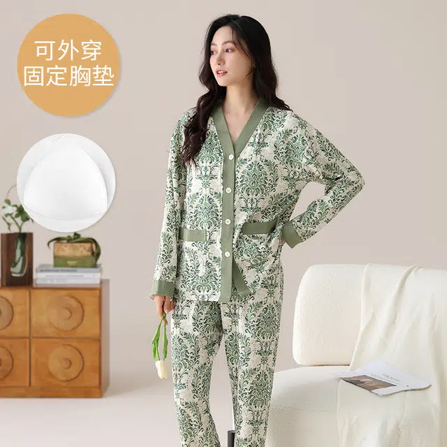 芬腾可安 春秋季简约宽松温柔设计感显瘦带胸垫少女感大码家居服睡衣套装 女款