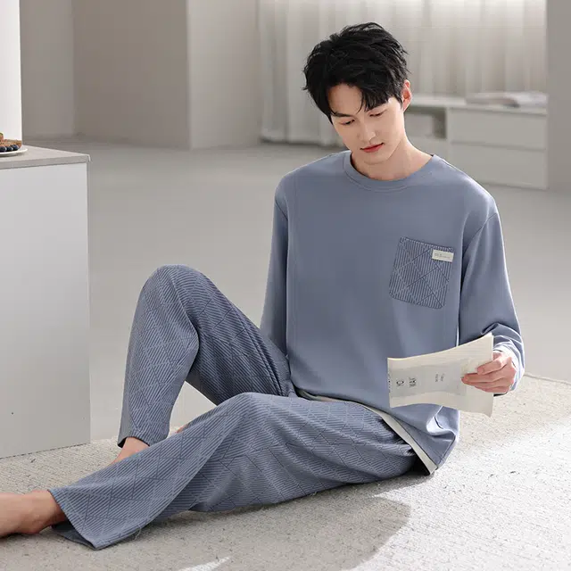 芬腾可安 秋冬外出可穿的休闲经典纯棉长袖简约加大码数家居服睡衣套装 男款