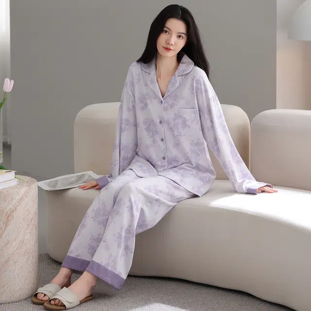 芬腾可安 纯棉简约显瘦春秋时尚亲肤翻领休闲宽松开衫少女舒适家居服睡衣套装 女款