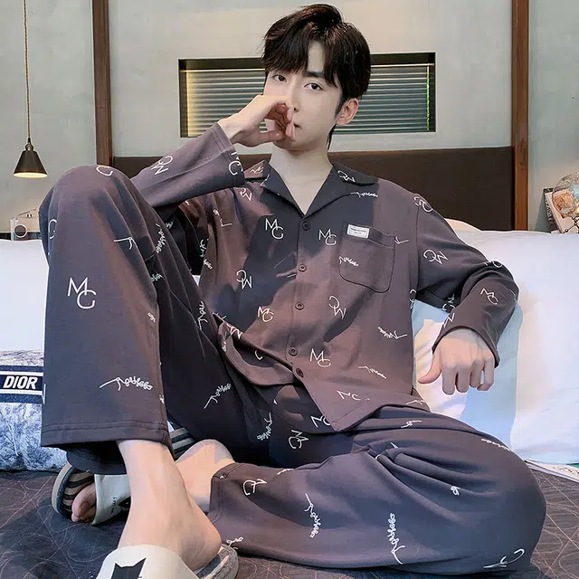 芬腾可安 春秋季简约休闲亲肤开衫翻领个性轻熟风家居服睡衣套装 男款