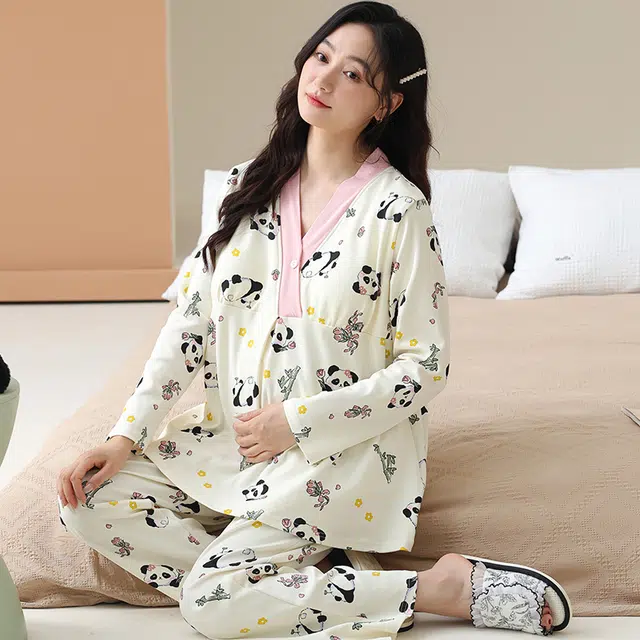 芬腾可安 外出可穿柔软舒适春秋自带杯垫哺乳期可穿月子家居服睡衣套装 女款