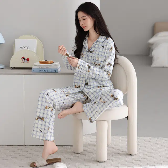 芬腾可安 纯棉简约显瘦亲肤翻领舒适开衫少女春秋时尚休闲宽松家居服睡衣套装 女款