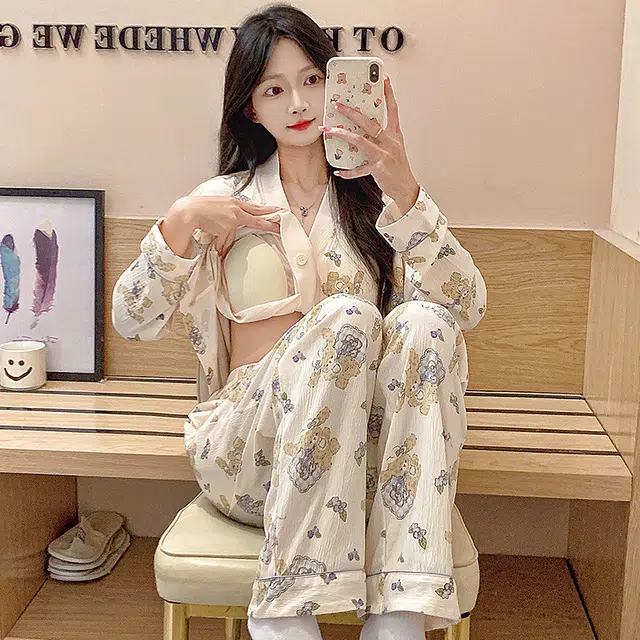 芬腾可安 春秋亲肤可外穿带胸垫和服领开衫一体式家居服睡衣套装 女款