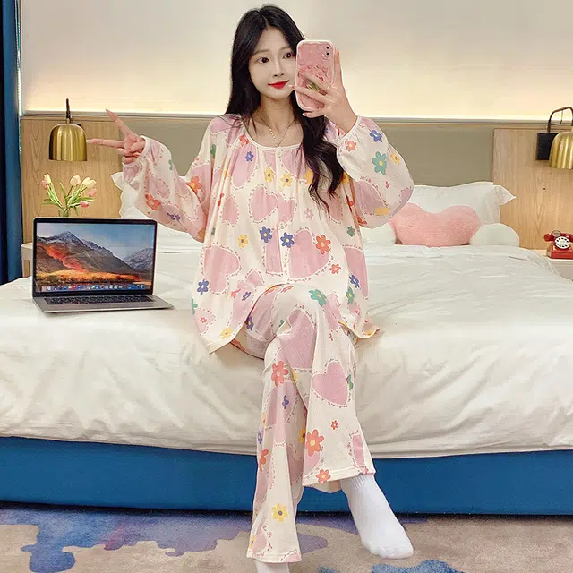 芬腾可安 可外穿的简约风格春秋固定杯垫开衫一体家居服睡衣套装 女款