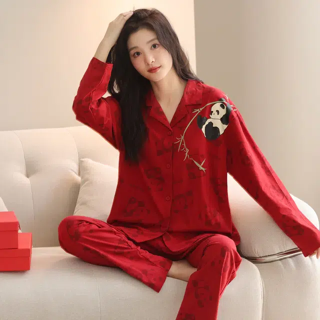 芬腾可安 春秋季本命年经典轻盈简约舒适喜庆开衫设计感情侣款家居服睡衣套装 女款