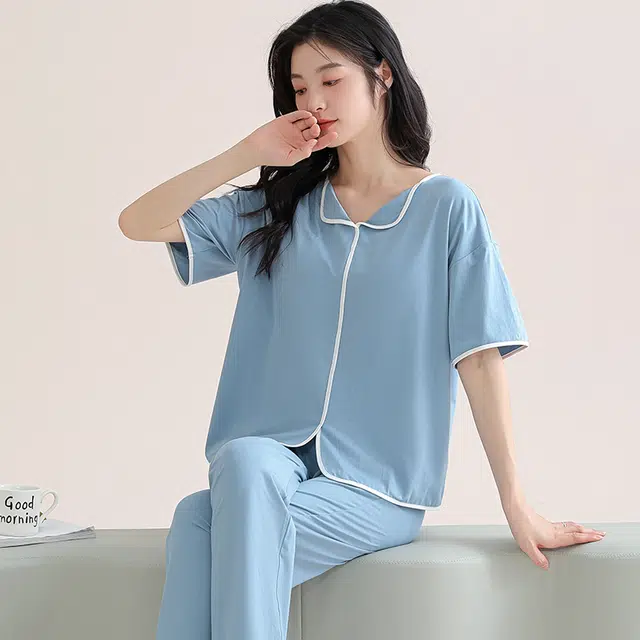 芬腾可安 细腻舒适柔软气质家居服带胸垫一体式短袖长裤甜美大学生亲肤宿舍外出都可穿睡衣套装 女款