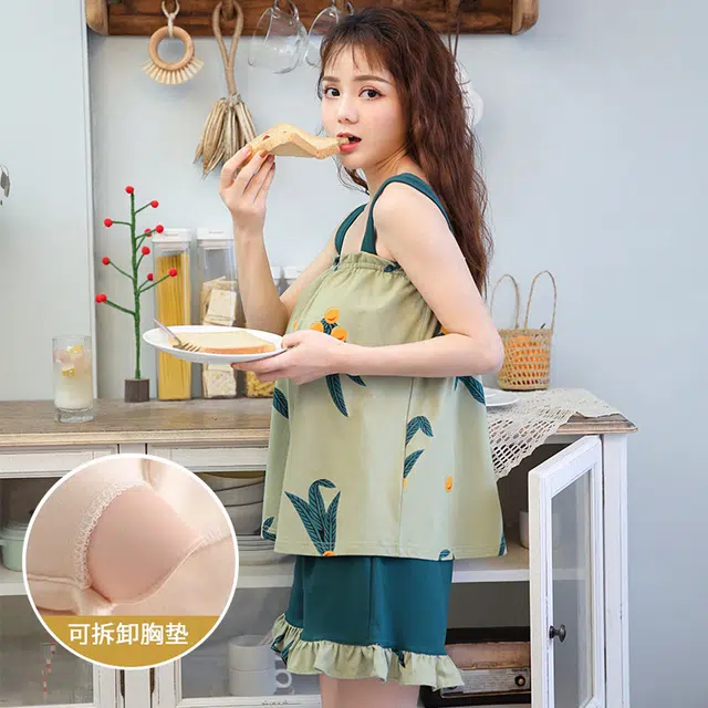 芬腾可安 可外穿春夏季清新亲肤公主风带胸垫简约透气家居服睡衣套装 女款