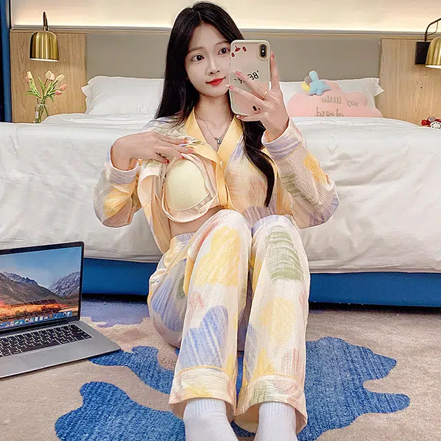 芬腾可安 可外穿春秋亲肤带胸垫和服领开衫一体式家居服睡衣套装 女款