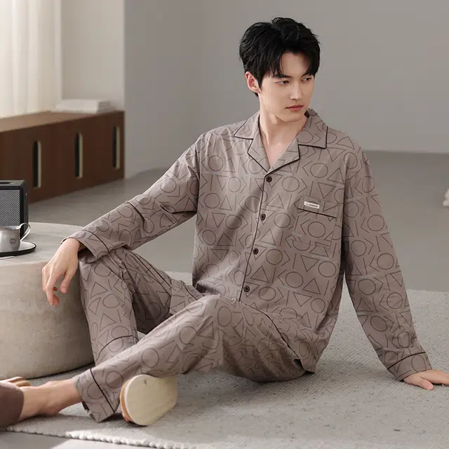 芬腾可安 秋冬外出可穿的加厚保暖舒适透气不闷亲肤简约家居服睡衣套装 男款