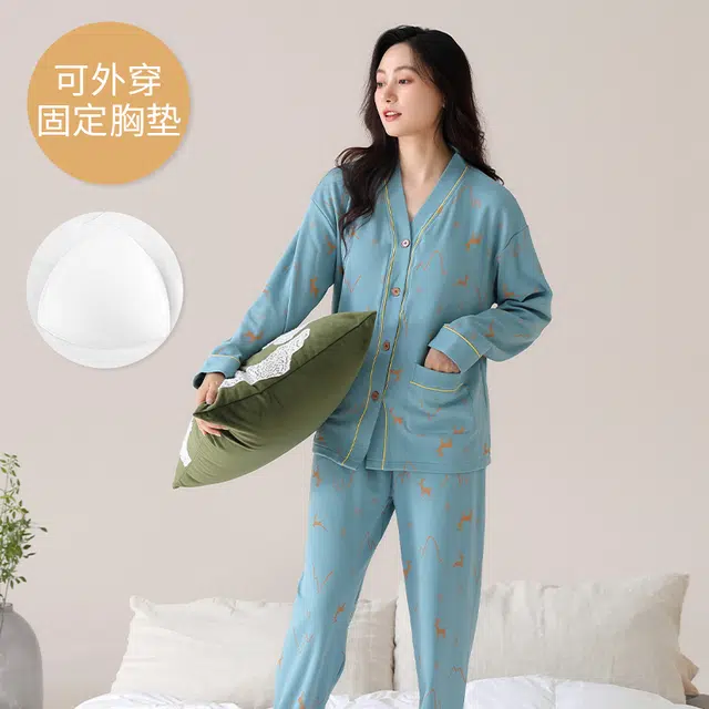 芬腾可安 外出可穿大码春秋季简约宽松温柔设计感显瘦带胸垫少女感家居服睡衣套装 女款