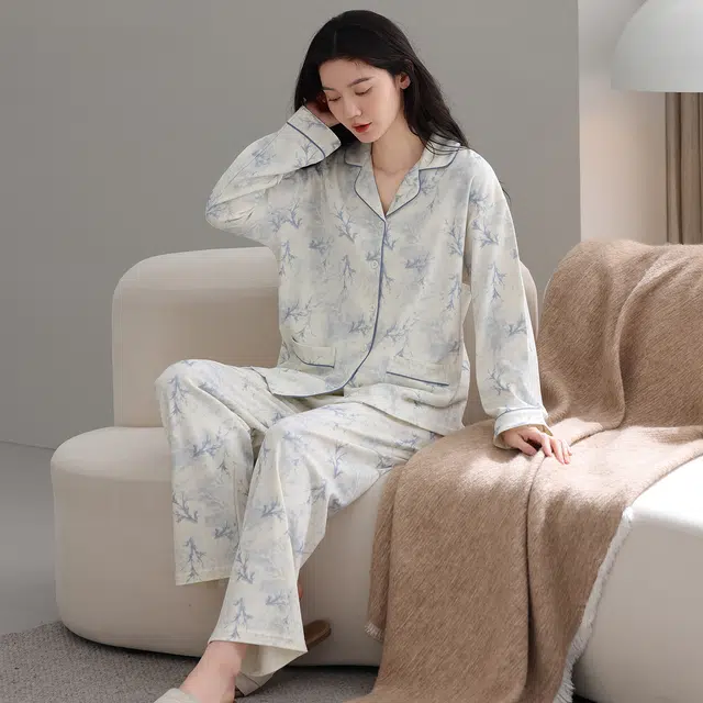 芬腾可安 纯棉简约显瘦春秋时尚亲肤翻领开衫少女舒适休闲宽松家居服睡衣套装 女款