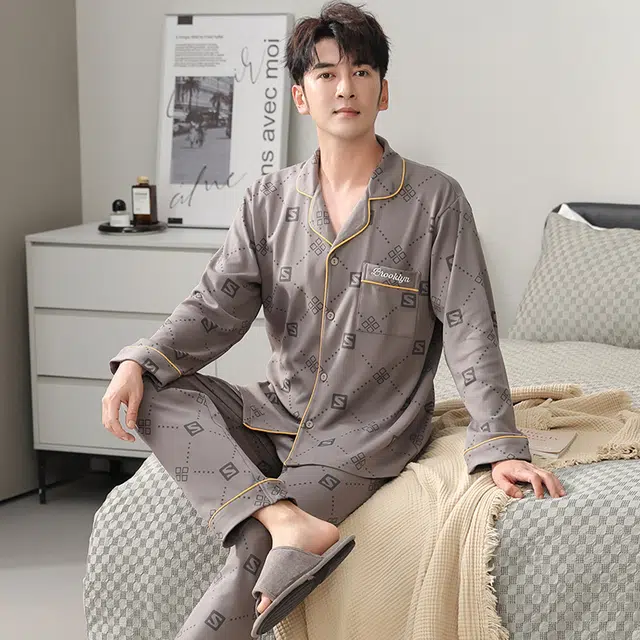 芬腾可安 春秋季家居服翻领显瘦简约经典外出可穿睡衣套装 男款