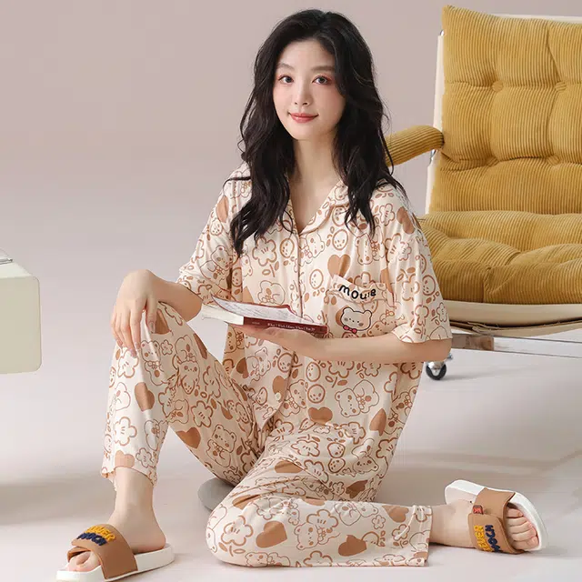 芬腾可安 气质家居服带胸垫一体式短袖长裤甜美柔软亲肤大学生宿舍外出都可穿细腻舒适睡衣套装 女款