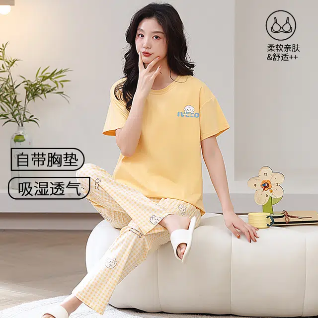 芬腾可安 春夏秋季纯棉韩版修身气质遮肉少女大学生温柔一体式带胸垫免穿文胸轻盈亲肤可外穿的两件短袖长裤家居服睡衣套装 女款
