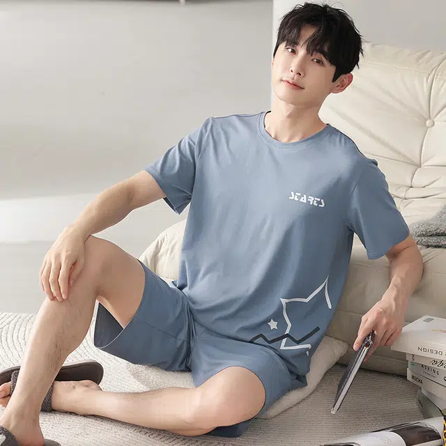 芬腾可安 可外穿的家居服大学生轻盈休闲细腻遮肉个性舒适显瘦圆领宽松青春短袖五分裤春夏季睡衣套装 男款