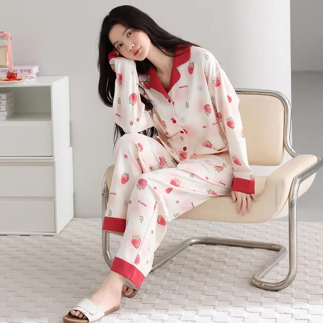 芬腾可安 纯棉简约显瘦宽松开衫春秋时尚亲肤翻领休闲少女舒适家居服睡衣套装 女款