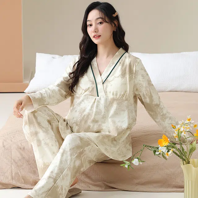 芬腾可安 外出可穿柔软舒适春秋自带杯垫松紧裤腰哺乳期可穿月子家居服睡衣套装 女款