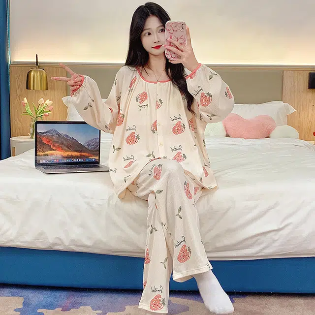 芬腾可安 可外穿的简约春秋杯垫一体家居服睡衣套装 女款
